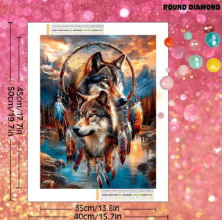 Preview: Diamond Painting Traumfänger mit zwei Wölfen